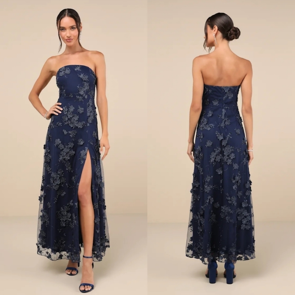 Lulus Rare Presence Navy Blue 3D Floral Embroidered Maxi Dress L Wedding Party